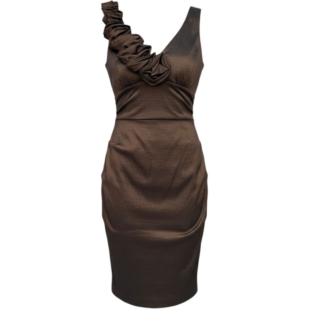 Cache Bronze Metallic Rosette Ruffle Sheath Dress 6 Brown Ruched Cocktail Formal